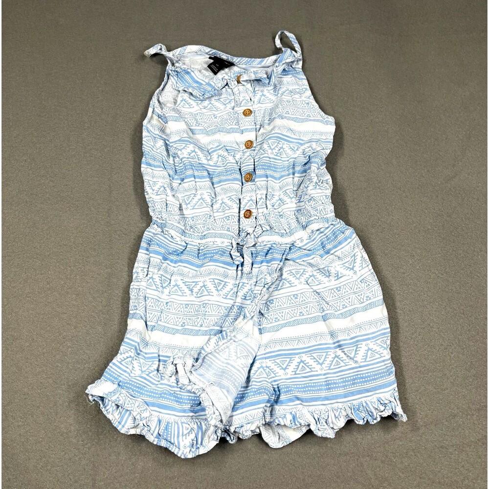 art class Girls 4T Blue/White Geometric Sleeveless Button Romper Elastic Waist